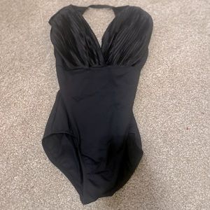 Bloch black open back, pleated bust women’s Petite leotard